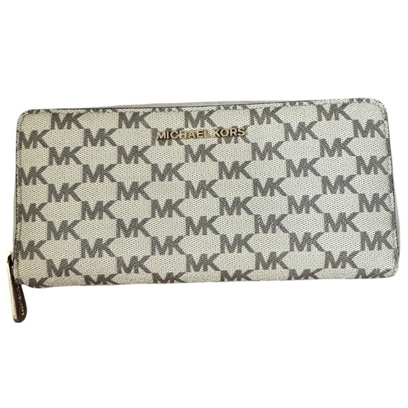 Michael Kors Beige Gray Monogram Zip Around Wristlet Wallet